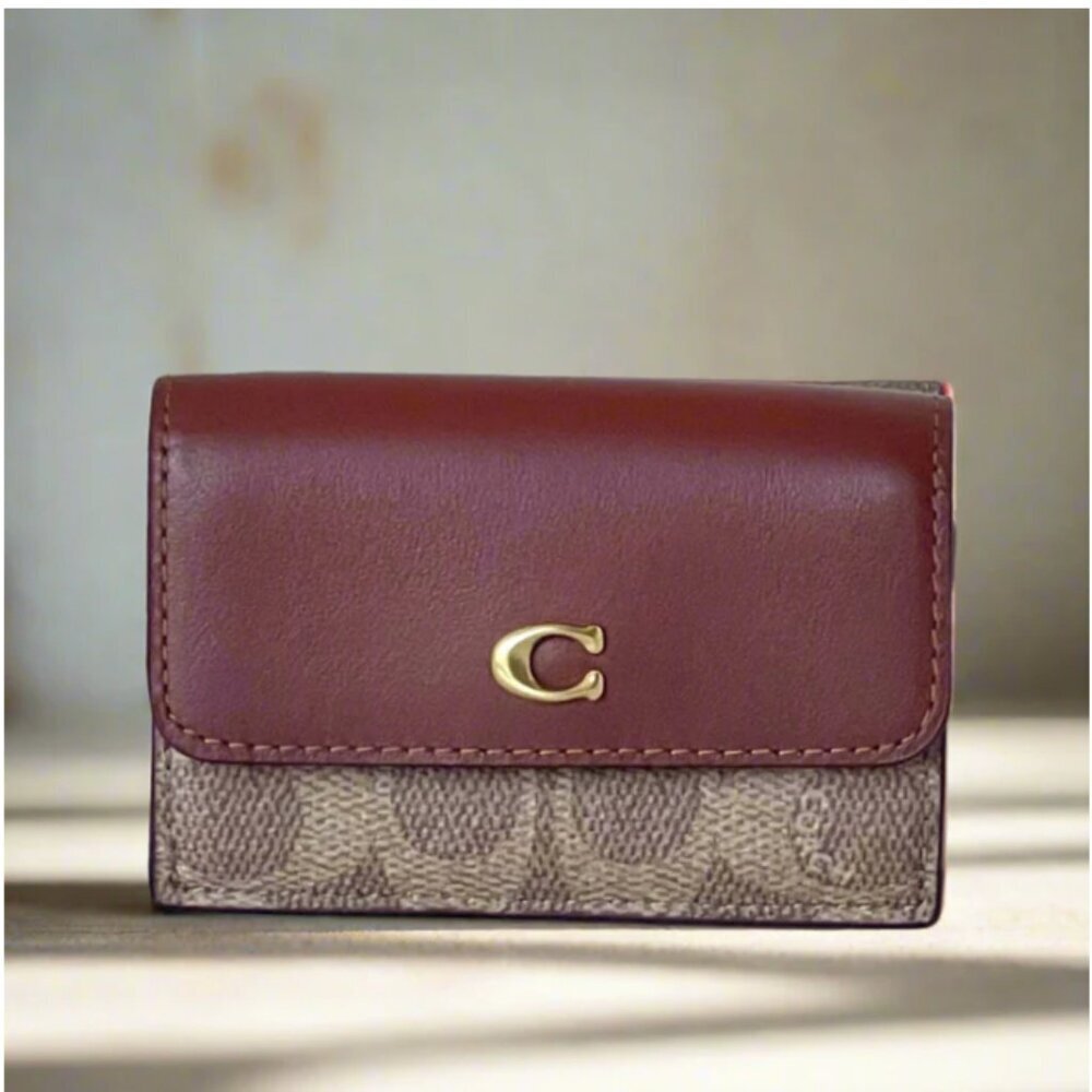 Coach Essential Mini Trifold Wallet Brown Signature Canvas CM438 Rust ORGPKG